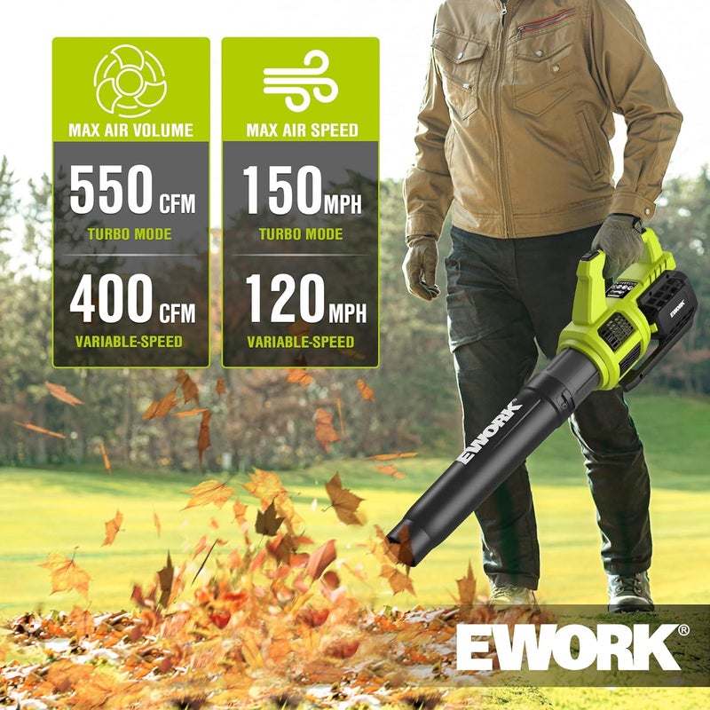 EWORK 21V Cordless Leaf Blower, Powerful Turbo Mode & 550 CFM, 2×3.0Ah Batteries & Fast Charger, Lightweight Electric Leaf Blowers for Lawn Care, Patio, Leaves & Dust - Image 3